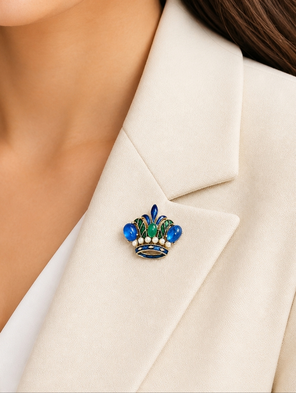 Vintage Trifari Crown Brooch with Jelly Belly Blue and Green Cabochons